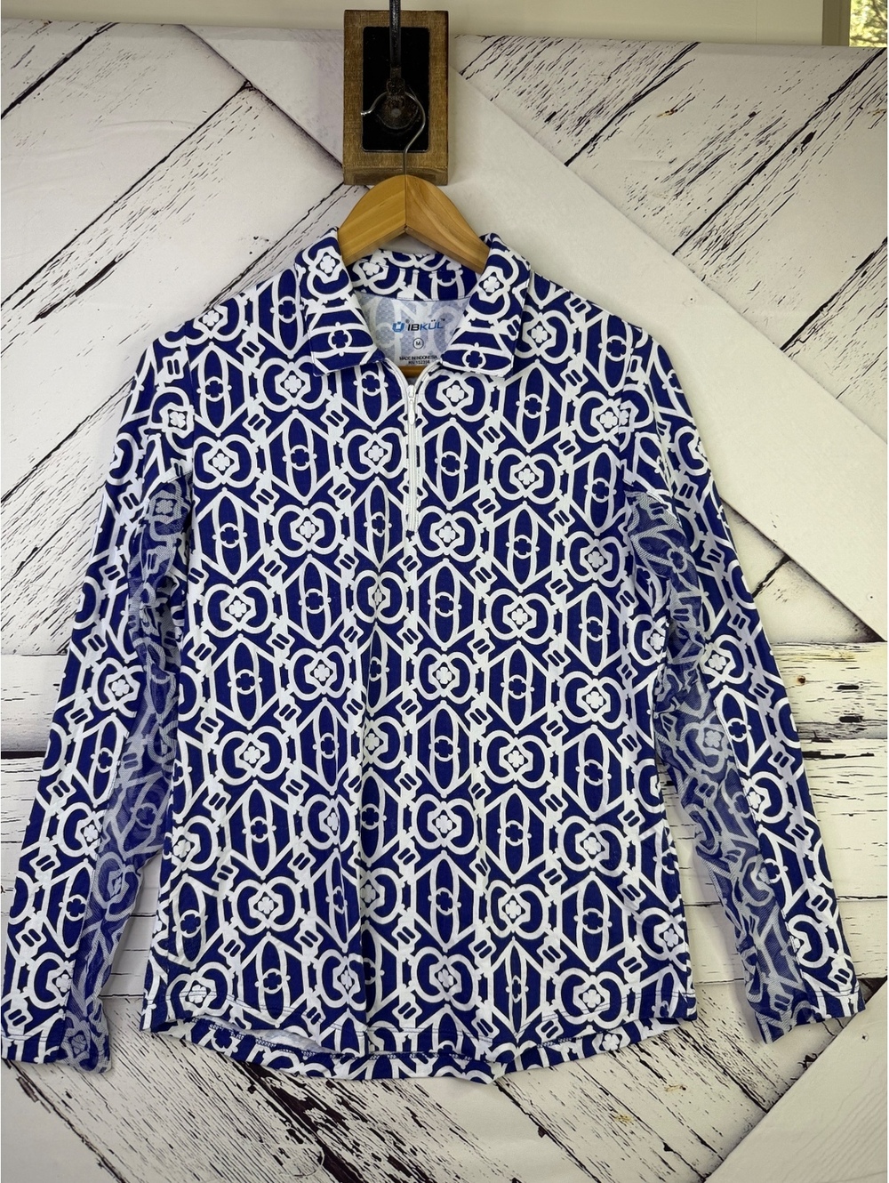 IBKUL Andrea IceFil Cooling Long Sleeve 1/4 Zip Sun Shirt Royal Blue Geo Women M